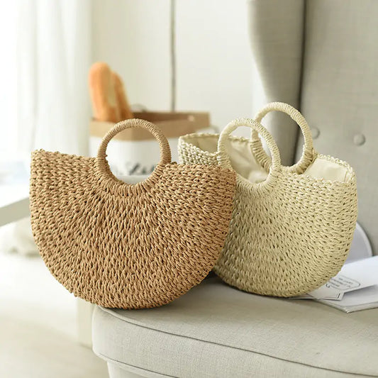 Handcrafted Straw Bag with Moon-Shaped Handle: Your Summer Essential